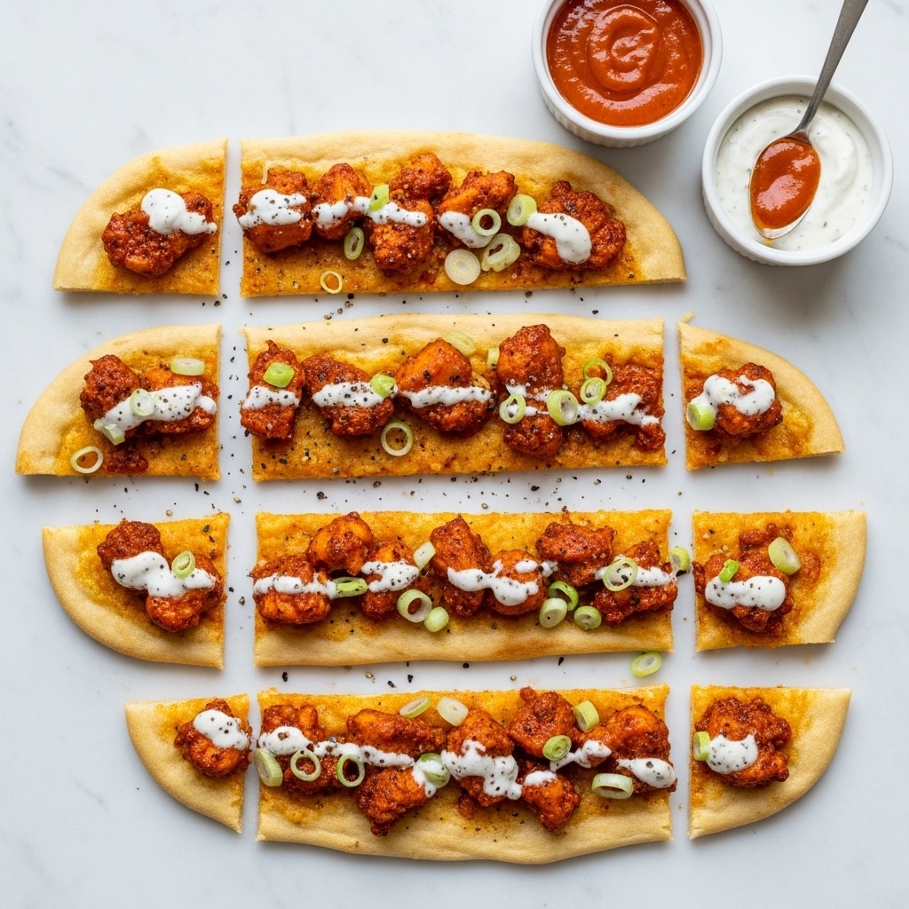 Five long, thin flatbread slices lie side by side on a white marbled surface. Each slice has a golden brown base topped with small chunks of orange spiced chicken, scattered green sliced onions, and a light drizzle of white creamy sauce. Light black pepper specks add texture over the flatbreads. Nearby, two small white bowls hold dipping sauces, one orange-red and one white. A spoon with some orange sauce sits next to the bowls. photo taken with an iphone --ar 4:5 --v 7