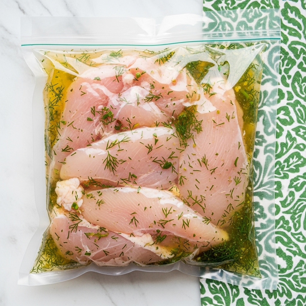 The image shows raw chicken pieces marinated inside a clear plastic bag. The chicken pieces are light pink with a smooth texture, lying flat and overlapping slightly. The marinade is pale yellow with small green herb pieces scattered throughout, mainly dill. The bag is sealed and placed on a white marbled surface, with a green and white patterned cloth partially visible on the right side. Photo taken with an iphone --ar 4:5 --v 7