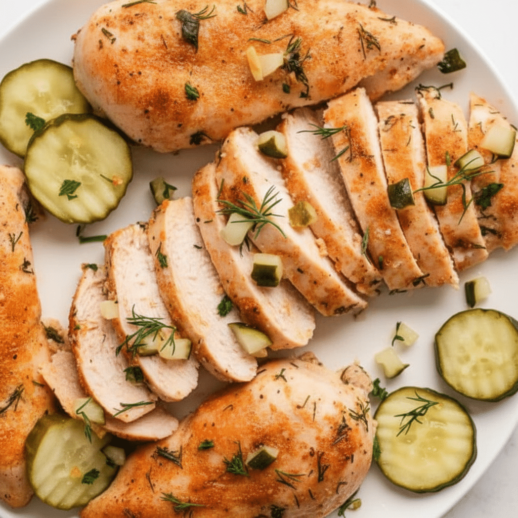 The image shows sliced cooked chicken pieces arranged in two rows on a large white plate. Each chicken slice is light golden brown on the outside with a soft, white inside. The chicken is garnished with small pieces of green pickles and fresh green herb sprigs, likely dill, scattered evenly on top and around the slices. Around the chicken, there are also thick slices of light green pickles, adding color contrast. The plate sits on a white marbled surface, creating a clean and bright background. The scene is clear and vibrant, focusing closely on the food texture and colors. photo taken with an iphone --ar 4:5 --v 7