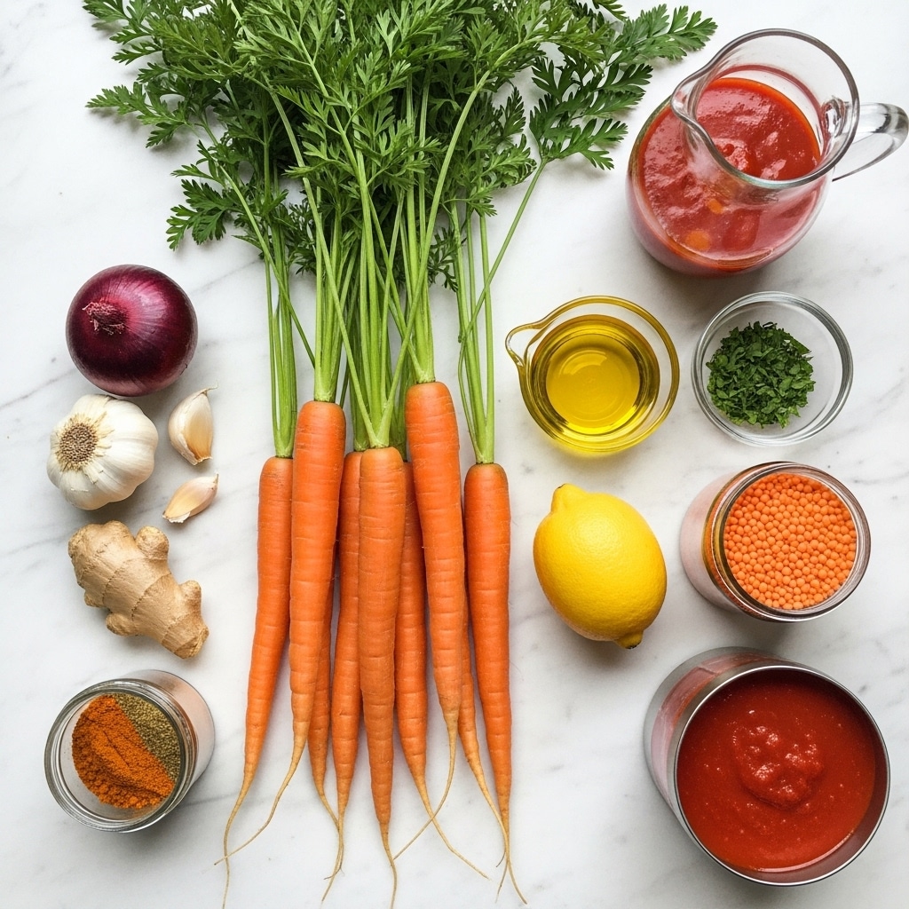 The image shows a group of fresh orange carrots with green tops lying diagonally on a white marbled surface. Around them, there are several ingredients arranged neatly: a whole red onion, some garlic cloves, a piece of ginger root, a whole yellow lemon, a small transparent glass cup with golden yellow oil, a small bowl containing green chopped herbs, a small jar filled with ground spices in orange and brown shades, a circular metal container filled with red lentils, and a jar filled with bright red tomato sauce. Next to the carrots is a clear glass pitcher with a dark reddish liquid inside. The whole setup is lit by natural light, casting soft shadows. photo taken with an iphone --ar 4:5 --v 7