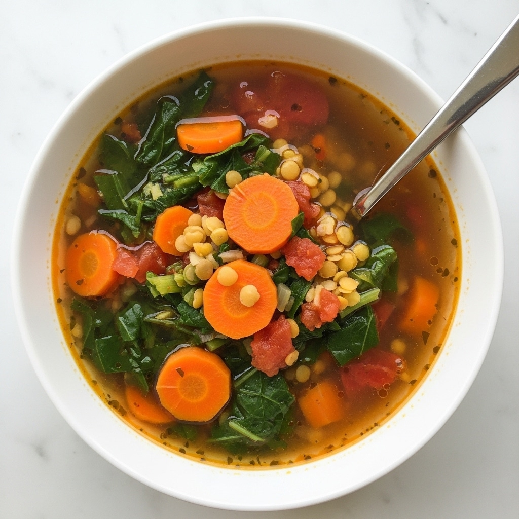 A white bowl filled with chunky vegetable soup sits on a white marbled surface. The soup has several layers: a clear brownish broth base, with bright orange carrot pieces, dark green leafy vegetables, and small bits of yellow lentils and red tomato scattered throughout. A silver spoon rests partly inside the soup, showing the colorful mix of ingredients. The overall look is warm and comforting with fresh, bright colors. photo taken with an iphone --ar 4:5 --v 7