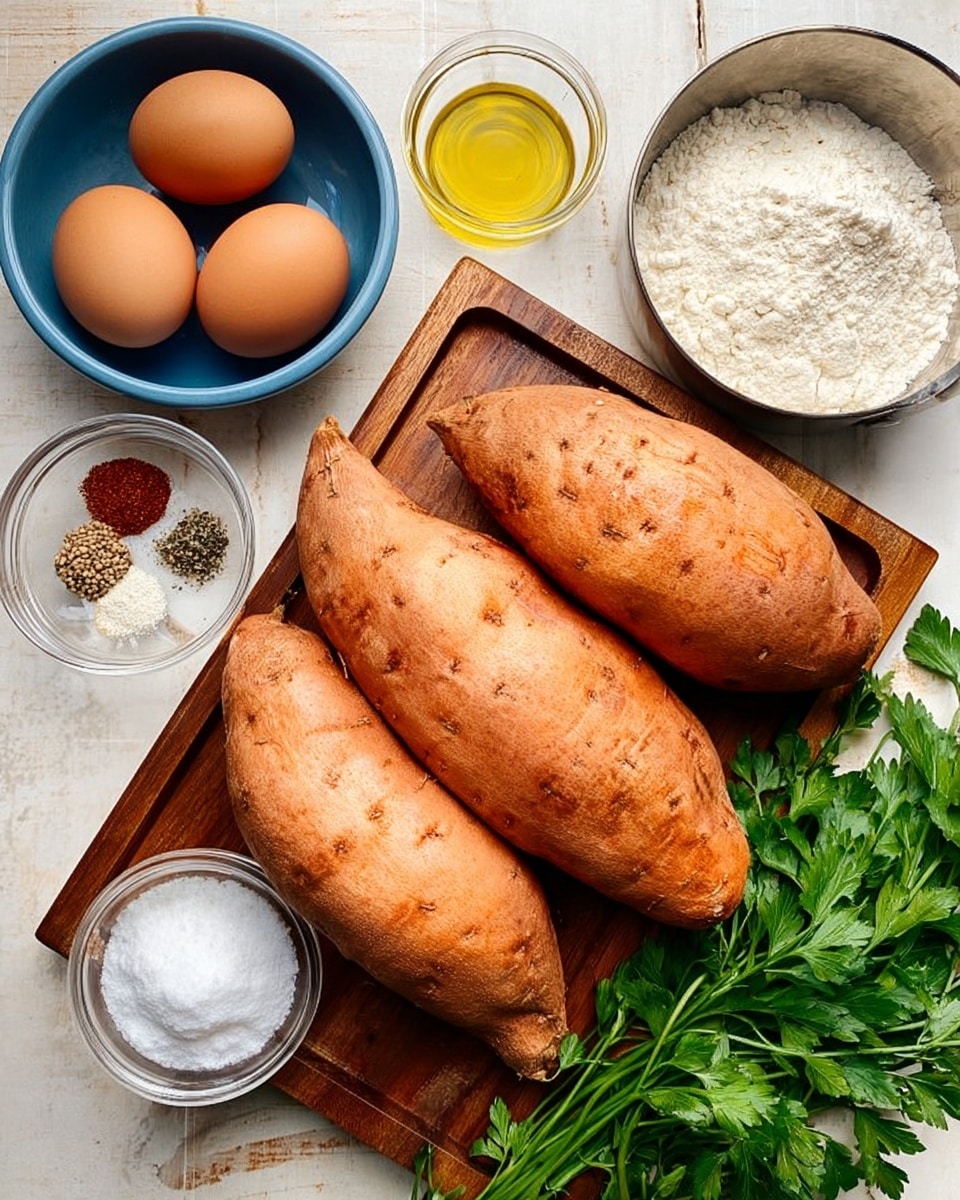 The image shows three large sweet potatoes with orange skin on a wooden tray, placed on a white marbled surface. Fresh green parsley leaves are on the right side of the tray. Next to the tray, a small clear glass bowl holds mixed spices in separate sections with colors of white, black, and red. A blue bowl on the left contains three brown eggs. There is also a small metal cup filled with white flour and a clear glass bowl with yellow oil above the blue bowl. The overall arrangement is neat and the background is light with a white marbled texture. photo taken with an iphone --ar 4:5 --v 7