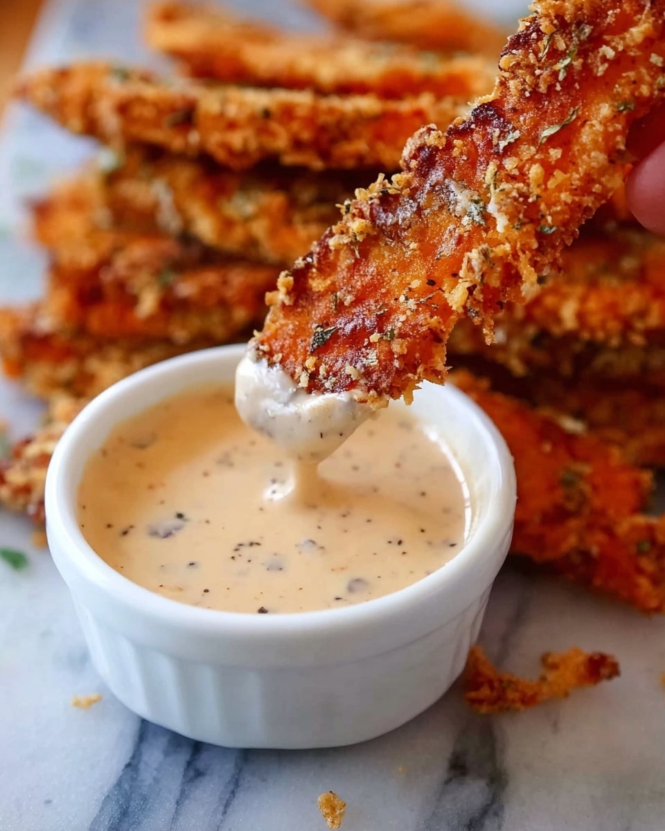 The image shows a close-up of a crispy, golden-brown fried strip coated with spices and crumbs being dipped into a small white bowl filled with creamy, light beige sauce with visible black specks. The fried strips in the background are stacked and have a rough, crunchy texture with a mix of dark orange and brown colors. The scene is set on a white marbled surface with some blurred fried strips in the back. A woman's hand is holding the strip, dipping it into the sauce. photo taken with an iphone --ar 4:5 --v 7