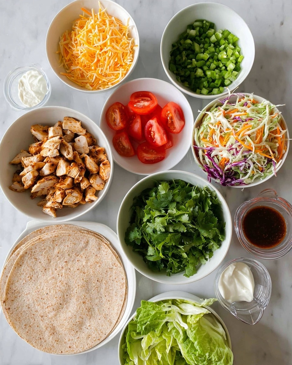 The image shows seven white bowls and one white plate with ingredients on a white marbled surface. The white plate at the bottom left holds two large whole wheat tortillas. Starting from the bottom, the first white bowl contains grilled pieces of chicken with a light brown, slightly charred look. To its right, a white bowl holds fresh, bright green cilantro leaves. Above that, a white bowl contains slices of bright red tomato. To the left, a white bowl has a mix of shredded yellow and white cheese. Above that is a small white bowl with white sour cream. Next to it on the right, a clear measuring cup contains a dark reddish-brown sauce. Above and left are two more white bowls, one filled with green chopped green onions, and the other with mixed shredded cabbage and carrots in white, purple, green, and orange colors. There is also a white bowl with fresh, green leafy lettuce near the tortillas. photo taken with an iphone --ar 4:5 --v 7