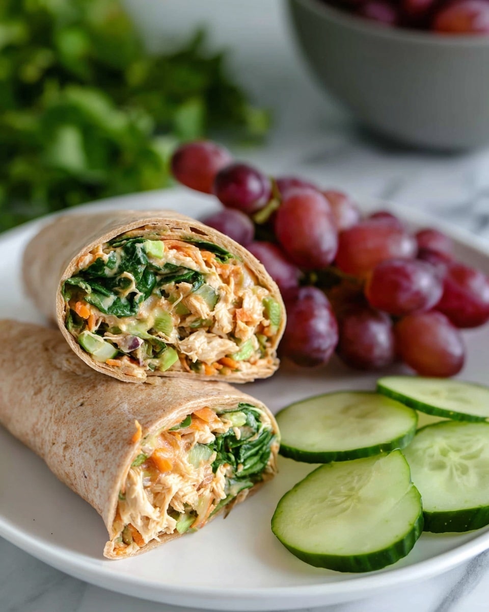 A white plate holds a wrap cut in half showing its layers: a light brown whole wheat tortilla on the outside, filled with green leafy spinach, orange shredded pieces, small bits of chopped green vegetables, and light creamy filling that looks like shredded chicken mixed with sauce. The halves are stacked, one leaning on the other. On the plate’s side there is a bunch of red grapes with smooth skins and a pile of cucumber slices, which are light green with a shiny surface and moist inside. The plate is on a white marbled surface with some green leafy herbs blurred in the background, and a gray bowl out of focus behind it. photo taken with an iphone --ar 4:5 --v 7