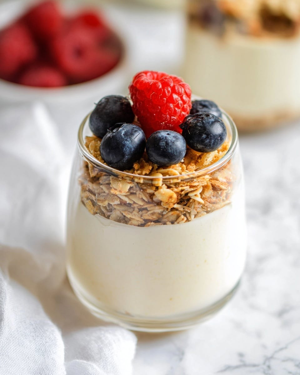 The image shows a clear glass filled with three visible layers: the bottom layer is a smooth, creamy white pudding or yogurt filling most of the glass; the middle layer is made of golden brown granola with a mix of oats and seeds, sitting on the creamy layer; the top layer consists of fresh berries, including a bright red raspberry at the center surrounded by four dark blue blueberries, all resting on the granola. The glass is placed on a white marbled surface with a soft white cloth nearby, and there is a blurred background showing another glass of similar dessert. Photo taken with an iphone --ar 4:5 --v 7