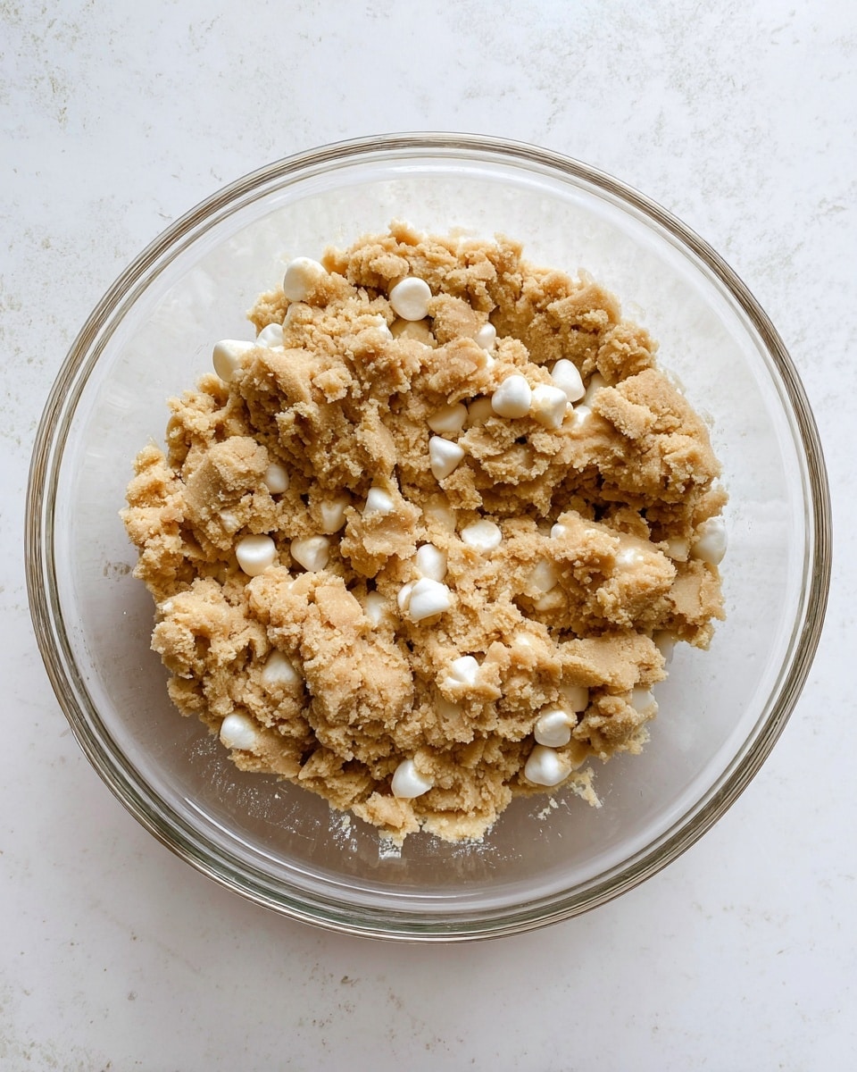 A clear glass bowl holds a mix of chunky cookie dough with a light brown color and small white marshmallow pieces spread throughout. The dough looks thick and crumbly, filling the bowl about halfway. The bowl sits on a white marbled surface with a soft texture. Photo taken with an iphone --ar 4:5 --v 7