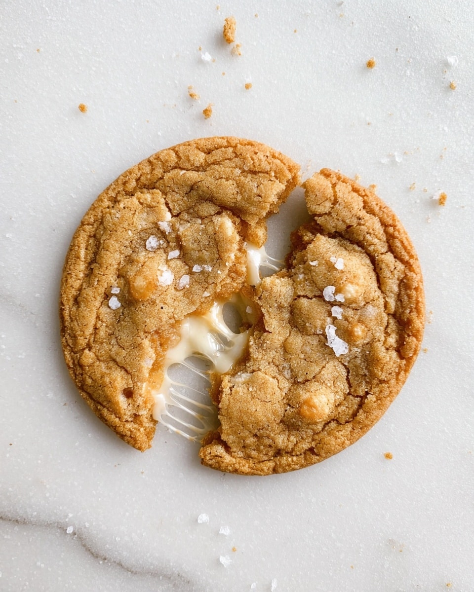 A single cookie broken into two parts sits on a white marbled surface. The cookie is golden brown with a slightly rough texture and is sprinkled with small salt flakes on top. Between the broken pieces, white melted cheese stretches in thin, gooey strings, adding a shiny, elastic layer inside. The edges of the cookie are slightly darker and crispier, while the center appears softer and chewy. Photo taken with an iphone --ar 4:5 --v 7