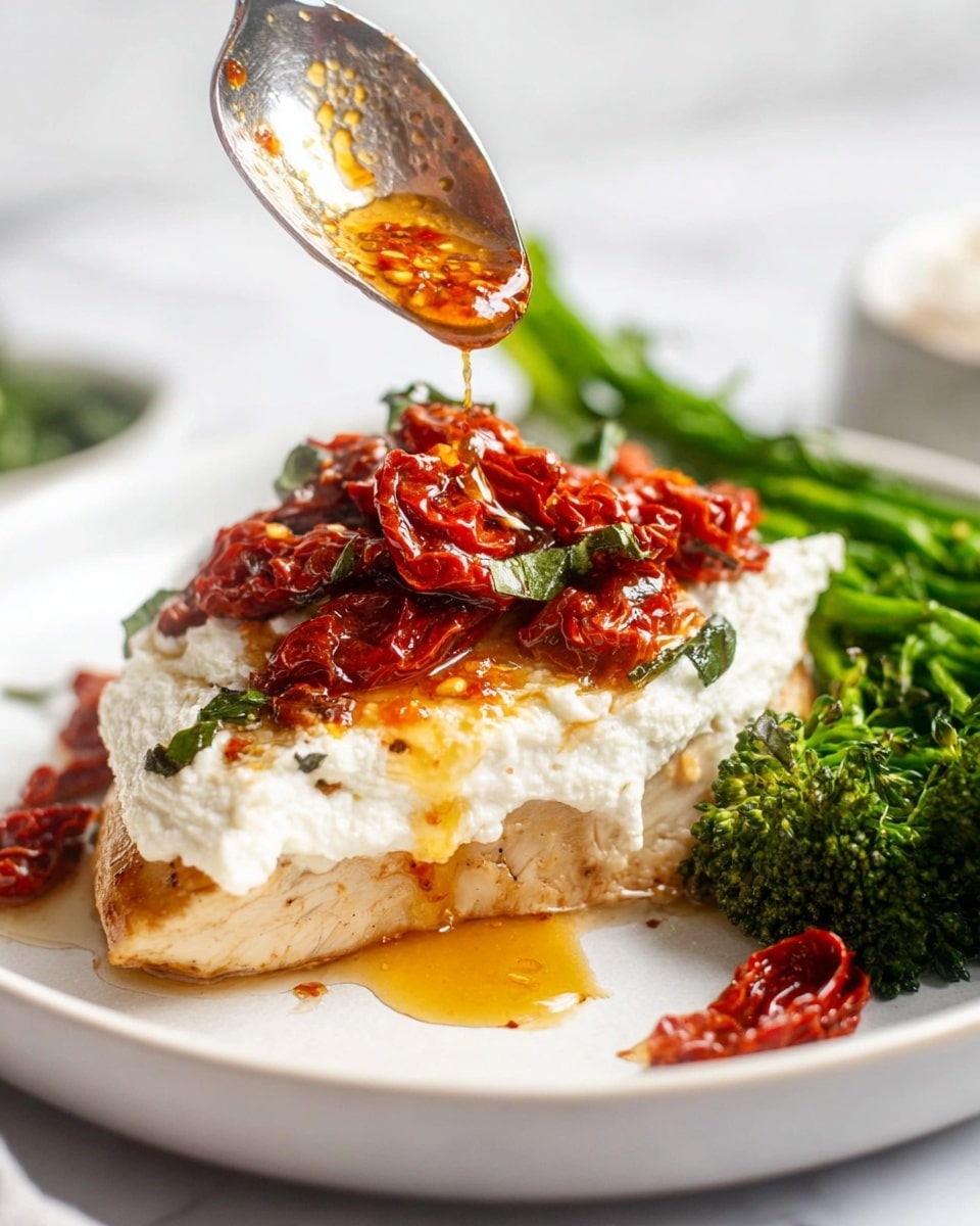 A white plate on a white marbled surface holds a piece of cooked chicken with a golden brown color. On top of the chicken, there is a thick layer of white creamy cheese. Sun-dried red tomatoes are scattered over the cheese and chicken, with small green leaves sprinkled around. A spoon covered by a woman’s hand is pouring a shiny orange sauce with bits of garlic and chili flakes onto the cheese. In the background, there is a small bunch of bright green broccoli. The image captures a close-up of the dish with detailed textures and colors visible. photo taken with an iphone --ar 4:5 --v 7