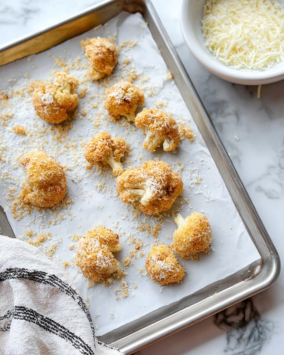 The image shows a tray with nine small pieces of breaded cauliflower scattered on white baking paper. Each cauliflower piece is coated with a light golden crumb layer with some fine shredded white cheese on top. The tray is metallic and has slight crumbs around the cauliflower pieces. To the top right, there is a white bowl filled with extra shredded white cheese. The background surface is a white marbled texture with a folded light cloth with dark stripes visible on the bottom left corner. photo taken with an iphone --ar 4:5 --v 7