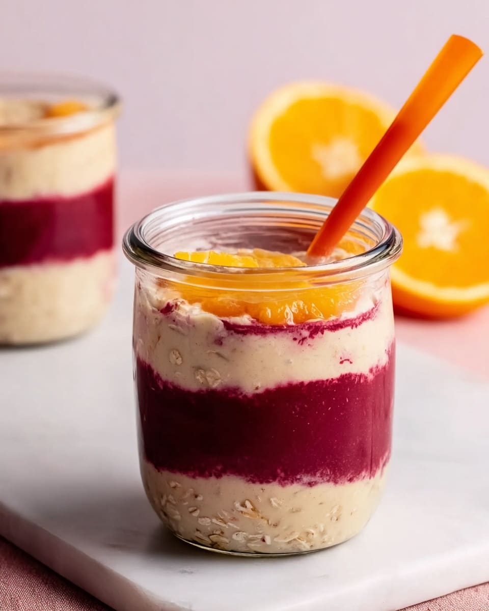The image shows a clear glass jar with three visible layers: the bottom layer is a deep red, smooth fruit puree; the middle layer is a creamy beige oatmeal with small fruit bits mixed in, and the top layer is the same creamy oatmeal filling the jar to the brim. A spoon with an orange handle is placed inside the jar on the right side. In the background, there is a second glass jar with the same layering and a half orange fruit placed on a white marbled surface. The overall scene is bright with soft natural light, highlighting the textures and colors of the layers clearly. photo taken with an iphone --ar 4:5 --v 7