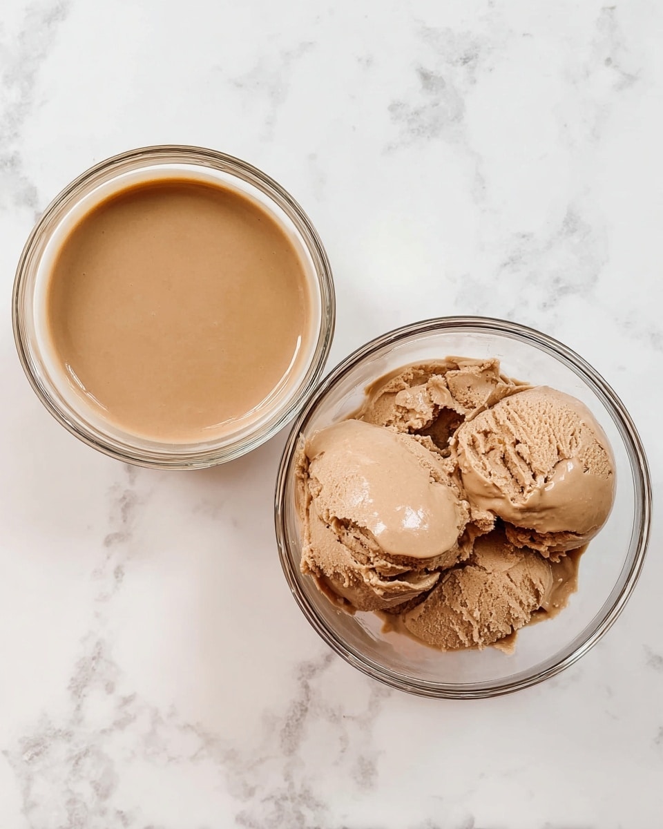 Two clear glass bowls sit side by side on a white marbled surface. The bowl on the right is filled with several scoops of light brown chocolate ice cream, showing a smooth yet slightly textured surface with some melting edges. The bowl on the left contains a smooth, light brown liquid sauce, with a shiny and creamy texture, filling the bowl almost to the top. The bowls contrast softly against the white marbled background. Photo taken with an iphone --ar 4:5 --v 7