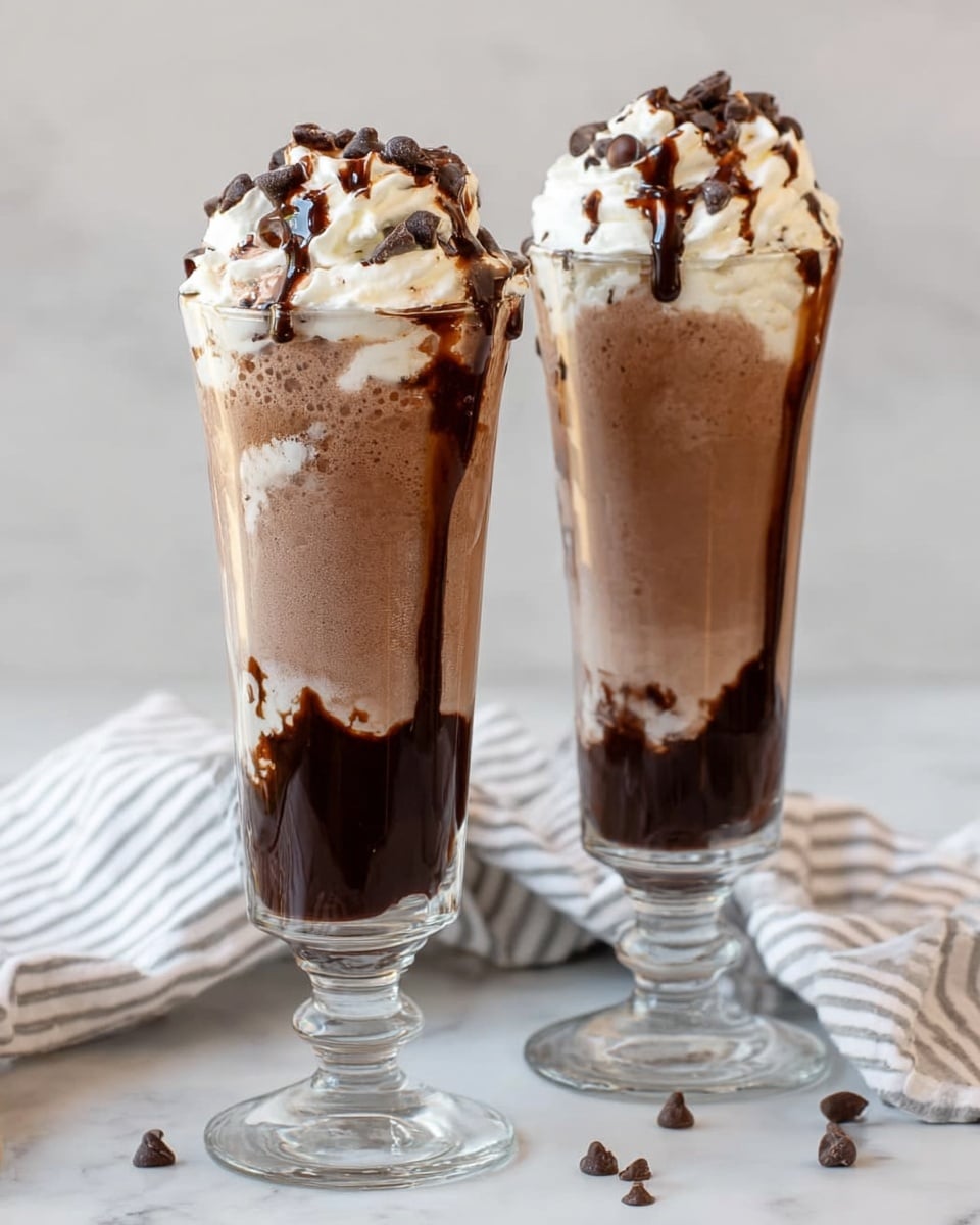 Two tall clear glasses sit side by side on a white marbled surface. Each glass has three layers: the bottom layer is thick dark chocolate sauce with a rich, glossy texture, unevenly coating the sides; the middle layer is a lighter chocolate milkshake filling most of the glass with a smooth, creamy texture; the top layer is white whipped cream piled high with chocolate syrup drizzled on top and slightly running down the sides. Small chocolate chips are scattered around the base. A soft white cloth with light gray stripes is blurred in the background. photo taken with an iphone --ar 4:5 --v 7