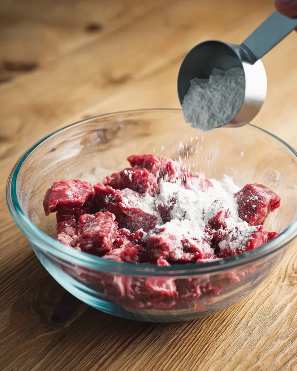 A clear glass bowl is filled with small red pieces of raw meat. White powder is being poured over the meat from a silver measuring cup held by a woman's hand above the bowl. The bowl is placed on a wood-textured surface. The scene is well lit, showing the texture of the meat and the powder clearly. photo taken with an iphone --ar 4:5 --v 7