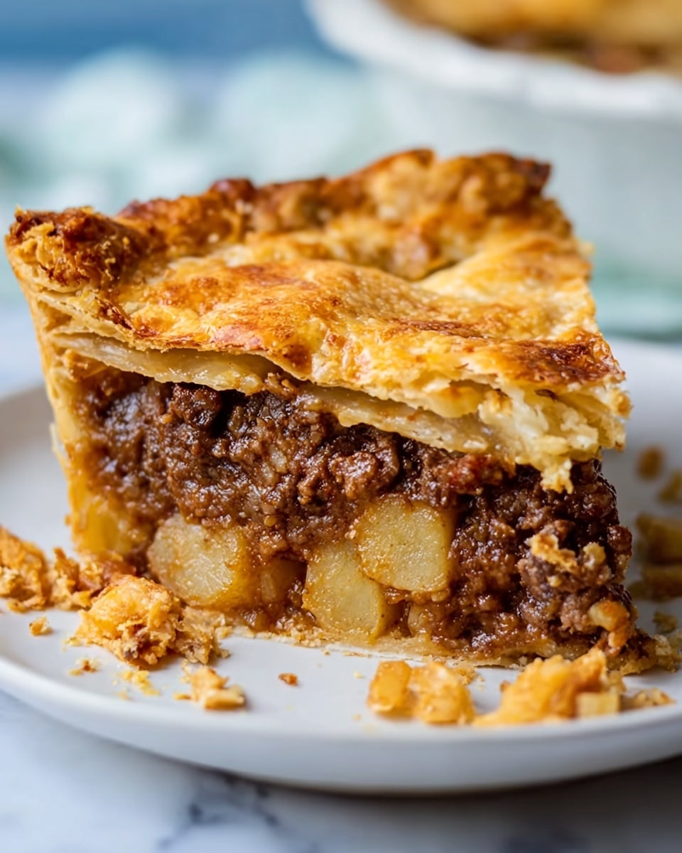 A close-up of a slice of meat pie on a white plate, resting on a white marbled surface. The pie has two layers of golden brown, flaky crust on top and bottom, with a slightly cracked top crust showing its rough texture. Between the crust layers is a thick filling of dark brown cooked meat mixed with small pieces of lighter colored potatoes, appearing moist and chunky. Crumbs of crust are scattered around the plate, adding to the rustic look of the dish. Photo taken with an iphone --ar 4:5 --v 7