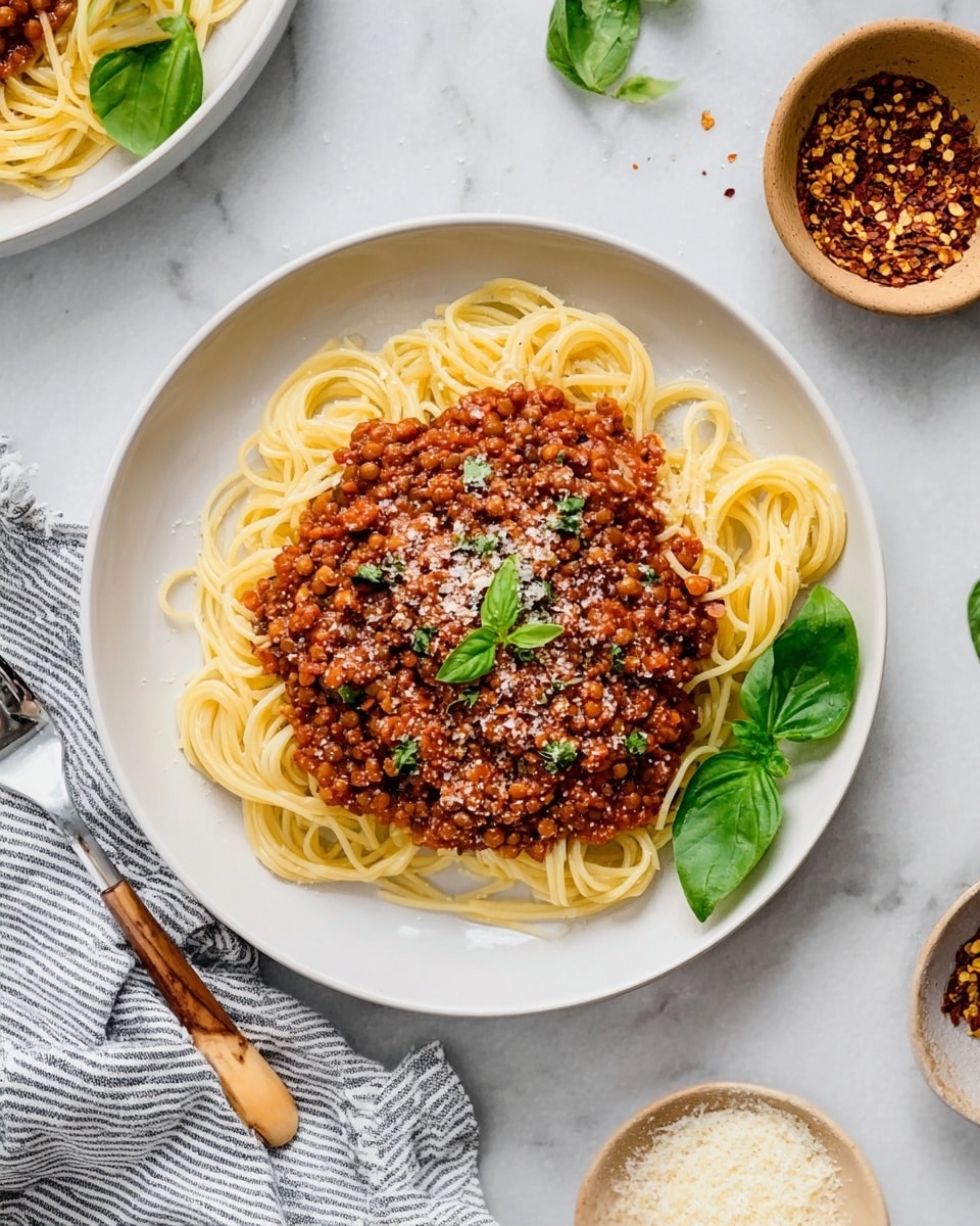 A plate with a base layer of light yellow spaghetti noodles arranged loosely in a circle, topped with a thick layer of chunky reddish-brown lentil and tomato sauce that evenly covers the center of the pasta. There are small bits of green basil leaves sprinkled on top along with a light dusting of grated white cheese. A single whole basil leaf sits on the edge of the spaghetti. The white plate sits on a white marbled surface with a fork with a wooden handle and a striped cloth nearby. In the background, there is a small bowl of red pepper flakes and another small bowl with grated cheese. photo taken with an iphone --ar 4:5 --v 7
