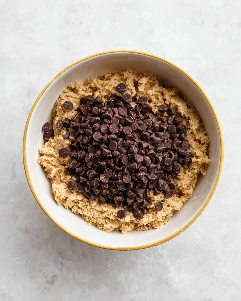 A white bowl with a thin yellow rim shows a two-layer mixture on a white marbled surface. The bottom layer is a crumbly, light brown dough that fills the whole bowl, with a rough texture. On top, there is a thick, uneven layer of dark brown chocolate chips piled mostly in the center. The contrast between the crumbly dough and the shiny chocolate chips is clear. The photo is taken with an iphone --ar 4:5 --v 7