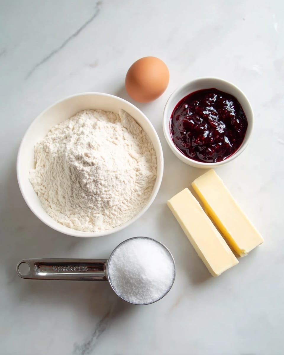 A white bowl filled with white flour is placed on a white marbled surface. Next to it, there is a smaller white bowl filled with dark red jam. Near the jam bowl, there is a single brown egg sitting on the surface. To the right, two pale yellow butter sticks are placed side by side. In front of the flour bowl, a metal measuring cup is filled with white sugar. The whole scene is bright and clean, with the ingredients neatly arranged. photo taken with an iphone --ar 4:5 --v 7
