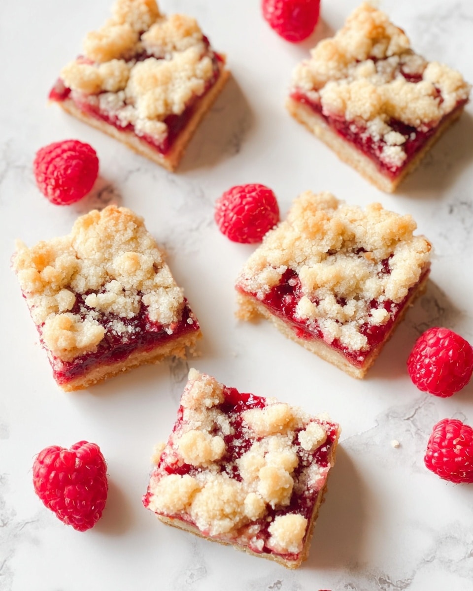 Five square pieces of raspberry crumb bars lie on a white marbled texture. Each bar has three visible layers: a light golden base crust, a bright red raspberry jam middle layer, and a pale crumb topping with uneven clumps scattered across. Around the bars, there are fresh whole red raspberries adding more color contrast. The overall look is bright and fresh. photo taken with an iphone --ar 4:5 --v 7