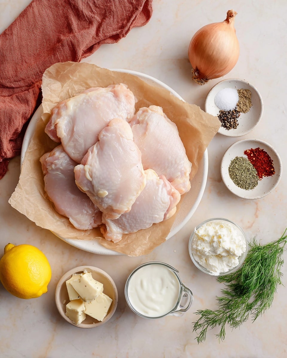 A group of raw chicken thighs stacked loosely in the center on light brown parchment paper, arranged on a round white plate, showing pale pink skin and smooth texture. Near the top, a single small shallot with light brown skin rests directly on the white marbled surface. To the right, two small white bowls: one with black pepper, salt, and red paprika divided in halves, the other with green dried herbs. At the bottom, a whole yellow lemon sits on the left, next to a small white bowl with two chunks of finely grated cheese. On the lower right, a metal measuring cup filled with thick white yogurt. Fresh green dill sprigs lay to the right on the white marbled background, and a folded rust-colored cloth napkin is in the top left corner. Photo taken with an iphone --ar 4:5 --v 7