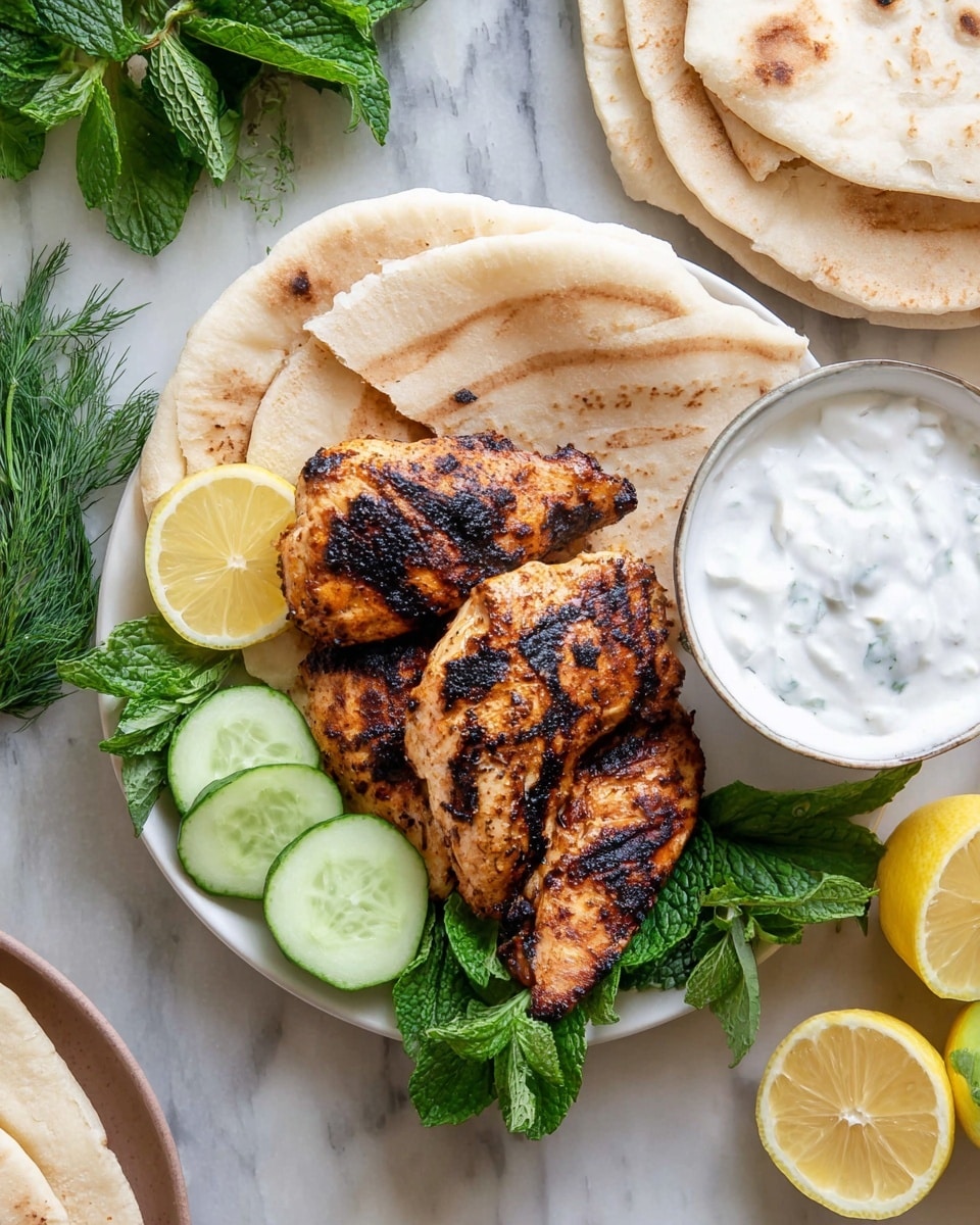 A white plate sits on a white marbled surface, holding three grilled, slightly charred chicken pieces in the center with a golden-brown color and dark grill marks. Underneath the chicken, there are three folded pieces of pita bread with light brown spots. To the right of the chicken, a small white bowl contains thick white sauce with herbs visible in it. Around the bowl, there are three green cucumber slices, fresh green dill sprigs, and three lemon wedges displaying bright yellow skin and white pith. To the left of the chicken, several fresh mint leaves add vibrant green color. More pita bread pieces are arranged on the surface nearby. photo taken with an iphone --ar 4:5 --v 7