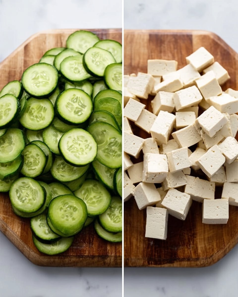 Two side-by-side images show the preparation steps for a dish. On the left, a wooden board is covered with many thin, circular slices of bright green cucumber, each slice showing a pattern of light green and pale seeds in the center. On the right, the same type of wooden board holds many small, pale cream-colored cubes of tofu, each soft and smooth in texture. Both boards rest on a white marbled surface, suggesting a clean kitchen setup. photo taken with an iphone --ar 4:5 --v 7