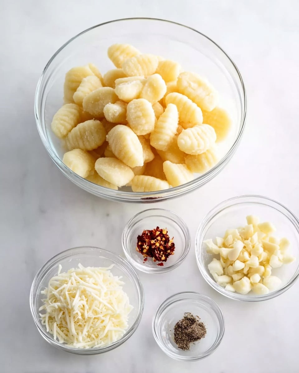 The image shows a clear glass bowl filled with pale yellow gnocchi pieces, slightly ridged and soft looking, placed on a white marbled surface. Below it, there are four smaller clear glass bowls arranged loosely in a line. From left to right, the first small bowl holds finely shredded white cheese, the second has small chopped pieces of light yellow garlic, the third contains tiny dark red chili flakes, and the fourth bowl has a small amount of ground black pepper. The colors are soft with the pale yellows and whites contrasted by the dark red and black. Everything looks clean and fresh. photo taken with an iphone --ar 4:5 --v 7