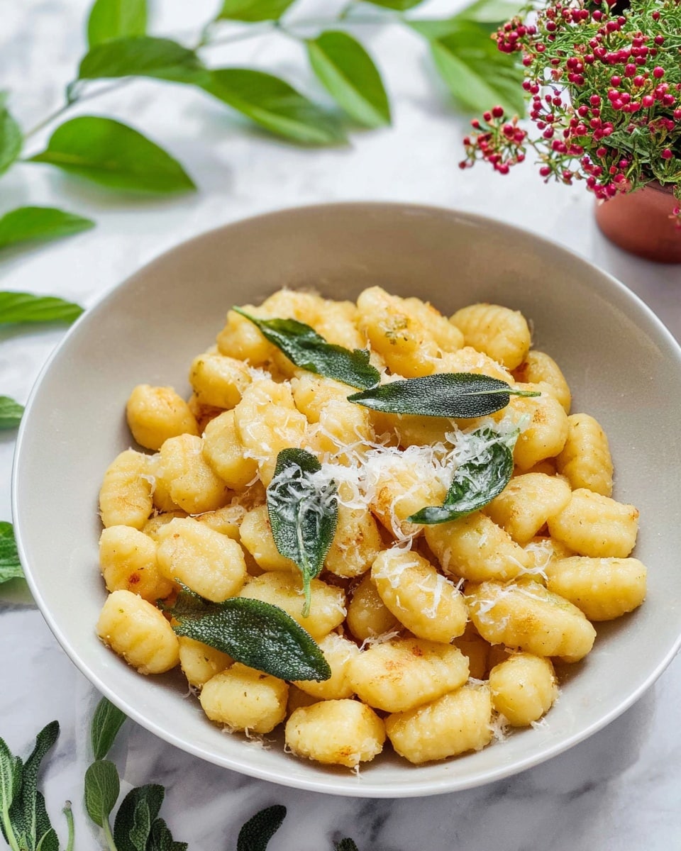 A white bowl is filled with small, soft yellow gnocchi pieces that look lightly browned in spots. On top, there are some fresh green leaves, likely sage, and a light sprinkle of grated white cheese. The bowl sits on a white marbled background with green leaves and a small potted plant with red buds blurred in the background. The scene looks bright and fresh. photo taken with an iphone --ar 4:5 --v 7