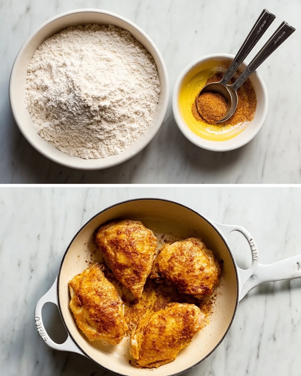 The first image shows a white bowl filled with flour placed on a white marbled surface, next to a small white bowl with a yellow and orange edge containing a dry spice mix. There are two silver measuring spoons with black handles laying near the bowls. The second image shows a white cast iron pan on the same white marbled surface with four pieces of golden brown cooked seasoned chicken inside, each piece slightly different in shape and texture, showing crispy edges. photo taken with an iphone --ar 4:5 --v 7