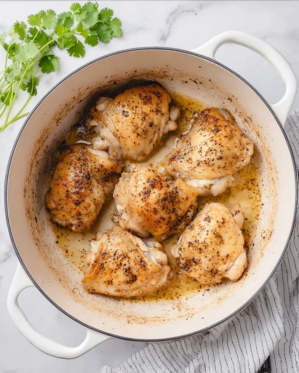 A white pot with two handles is shown containing five pieces of cooked chicken thighs. The chicken pieces are light brown with visible black pepper seasoning, slightly browned edges, and some light juices pooled around them. The inside of the pot is off-white with some browned spots from cooking. The pot sits on a white marbled surface, and a few sprigs of fresh green cilantro are placed near the top left corner. A white and black striped cloth is partially visible in the bottom right corner. Photo taken with an iphone --ar 4:5 --v 7