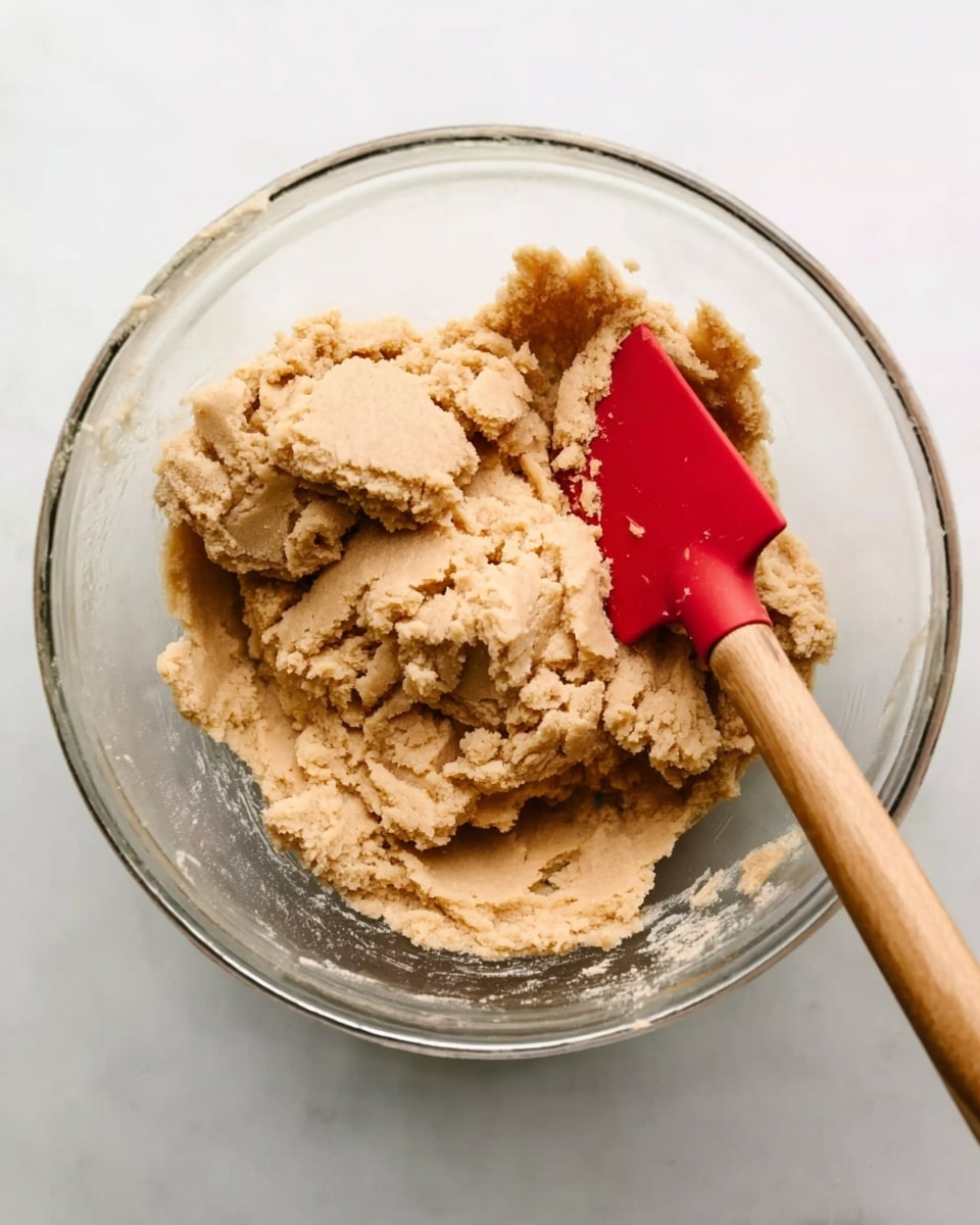A clear glass bowl contains light brown, soft cookie dough with a slightly crumbly texture. A red spatula with a wooden handle rests in the bowl, partially sunk into the dough. The bowl sits on a white marbled surface, and the dough fills most of the bowl, showing uneven scoops and small lumps. photo taken with an iphone --ar 4:5 --v 7