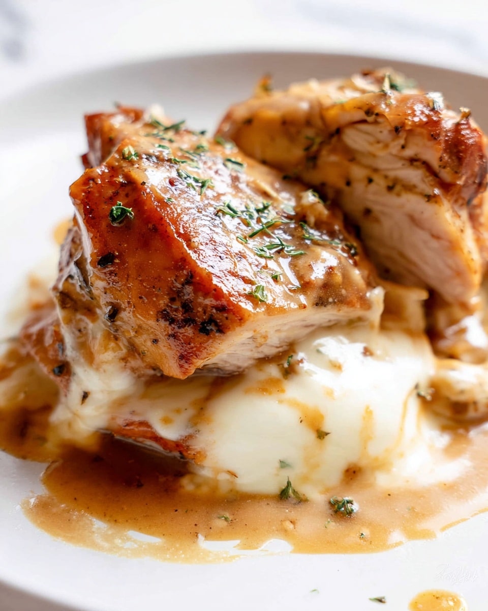 The image shows a close-up view of two thick pieces of cooked chicken with a golden brown, slightly crispy skin on top, sprinkled with small green herb bits. Beneath the chicken layers, there is a large amount of melted white cheese with a smooth, creamy texture and slight browning, oozing around and mixing with a light brown sauce. The dish sits on a white plate on a white marbled surface. Photo taken with an iphone --ar 4:5 --v 7