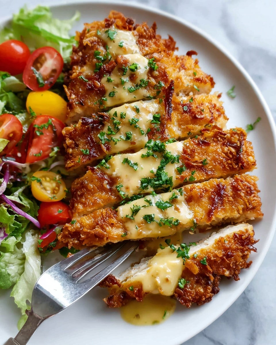 The image shows a white round plate with a crispy, golden-brown fried piece of chicken sliced into five strips. Each strip is topped with a light yellow creamy sauce and sprinkled with fresh green chopped herbs. The chicken has a crunchy texture with visible bits of fried coating. On the side of the plate, there is a small mixed salad with bright red and yellow cherry tomatoes cut in halves and green leafy lettuce. A silver fork is holding one piece of the fried chicken, lifting it slightly from the plate. The background is a white marbled surface. photo taken with an iphone --ar 4:5 --v 7
