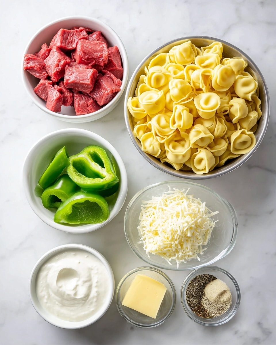 This image shows seven small white dishes arranged on a white marbled surface. In the top right, a large silver bowl holds many yellow tortellini pasta. To the left of it, a white bowl is filled with chunks of raw red meat. Below the large bowl, from left to right, there is a small white bowl with sliced green bell peppers, a small glass bowl with thick white cream, a small white bowl filled with shredded white cheese, another white bowl holding a yellowish cream or butter, and a tiny white dish containing a mix of spices in different shades of beige, brown, and black. The scene is bright and clear, with all items neatly spaced out. Photo taken with an iphone --ar 4:5 --v 7