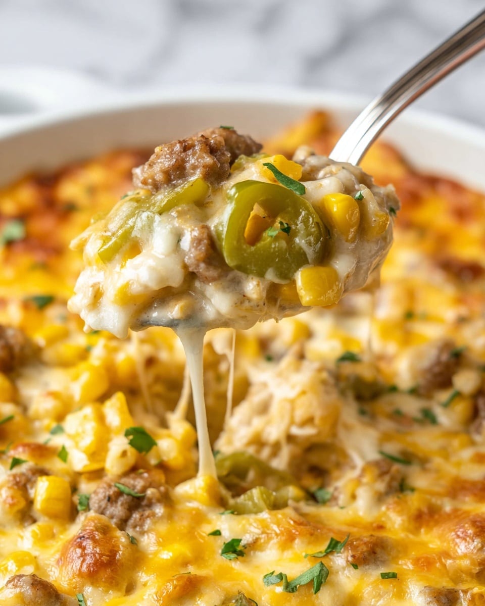 A close-up view of a cheesy casserole held by a silver spoon featuring three main layers: a bottom layer with yellow corn kernels, a middle layer with green bell pepper slices, and a top layer with small cooked brown sausage pieces mixed with melted white and orange cheese. The dish is creamy with stretches of cheese visible on the spoon. Some small green herb pieces are sprinkled on top, adding a fresh touch. The casserole dish underneath is white, and the surface seen behind has a white marbled texture. photo taken with an iphone --ar 4:5 --v 7