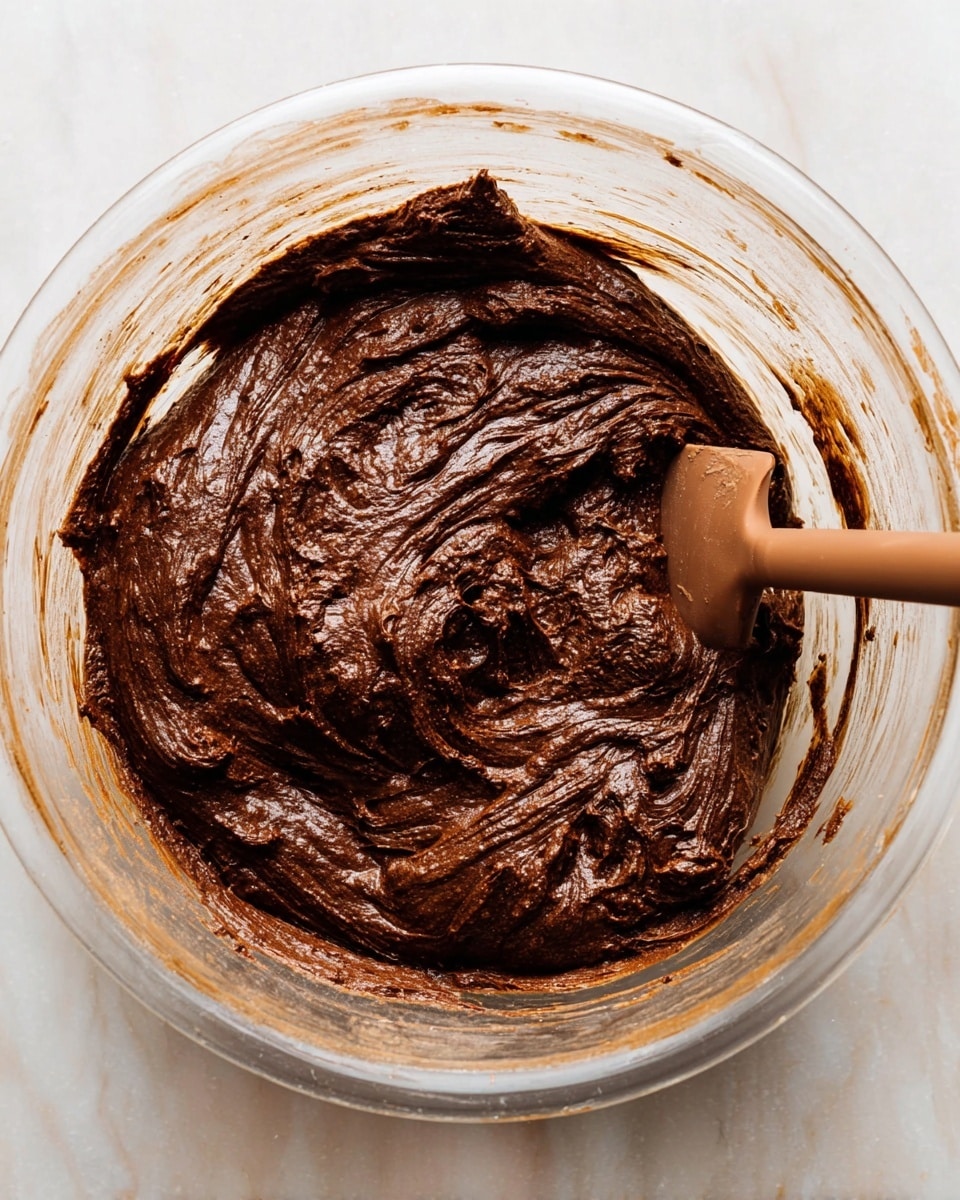 A close-up view of a single clear glass bowl filled with thick, dark brown chocolate batter. The batter has a rich, smooth, and slightly shiny texture with visible swirls and a few small lumps. A brown silicone spatula is partially submerged in the batter on the right side, mixing it. The bowl is set on a white marbled surface, and there are smudges of batter on the inside walls of the bowl. photo taken with an iphone --ar 4:5 --v 7