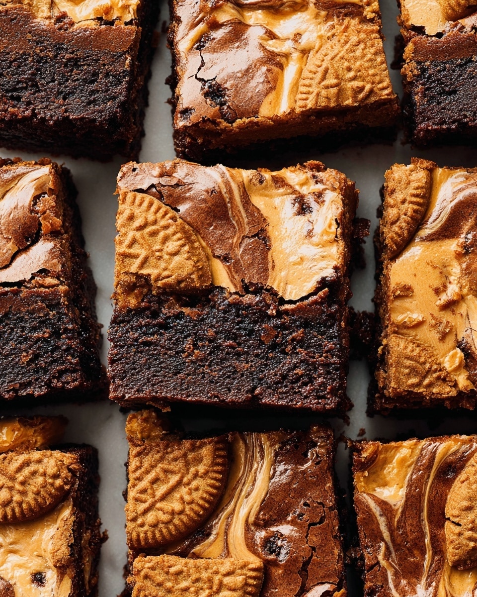 The image shows a close-up of several square brownie pieces arranged tightly together on a white marbled surface. Each brownie has two visible layers: a dark, rich chocolate base layer with a dense, slightly crumbly texture, and a swirled caramel-colored top layer that looks creamy and smooth with some marbling effects. Scattered on top of the caramel layer are cookie pieces in a light brown color with a rough texture and visible embossed patterns, adding a crunchy look. Some brownies show melted caramel spreading over the chocolate, creating a mix of dark brown and tan swirls. The photo taken with an iphone --ar 4:5 --v 7