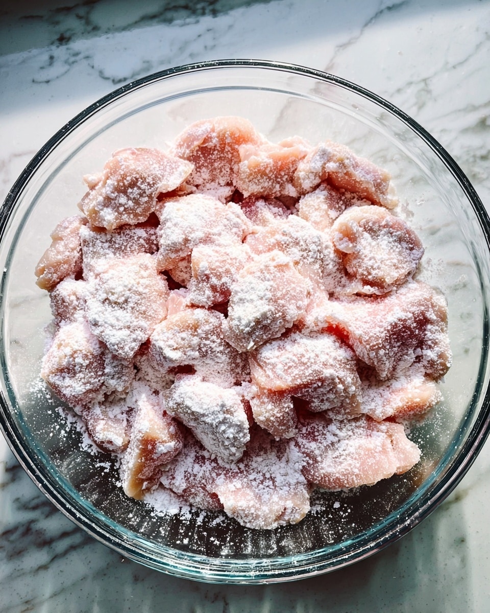 The image shows a clear glass bowl filled with many small pieces of raw chicken coated in a white powdery flour. The chicken pieces are light pink with smooth, slightly uneven textures, and they are covered with a thin, even layer of white flour sprinkled all over. The bowl sits on a white marbled surface, and the scene is lit with natural light highlighting the soft powder and pink meat. Photo taken with an iphone --ar 4:5 --v 7