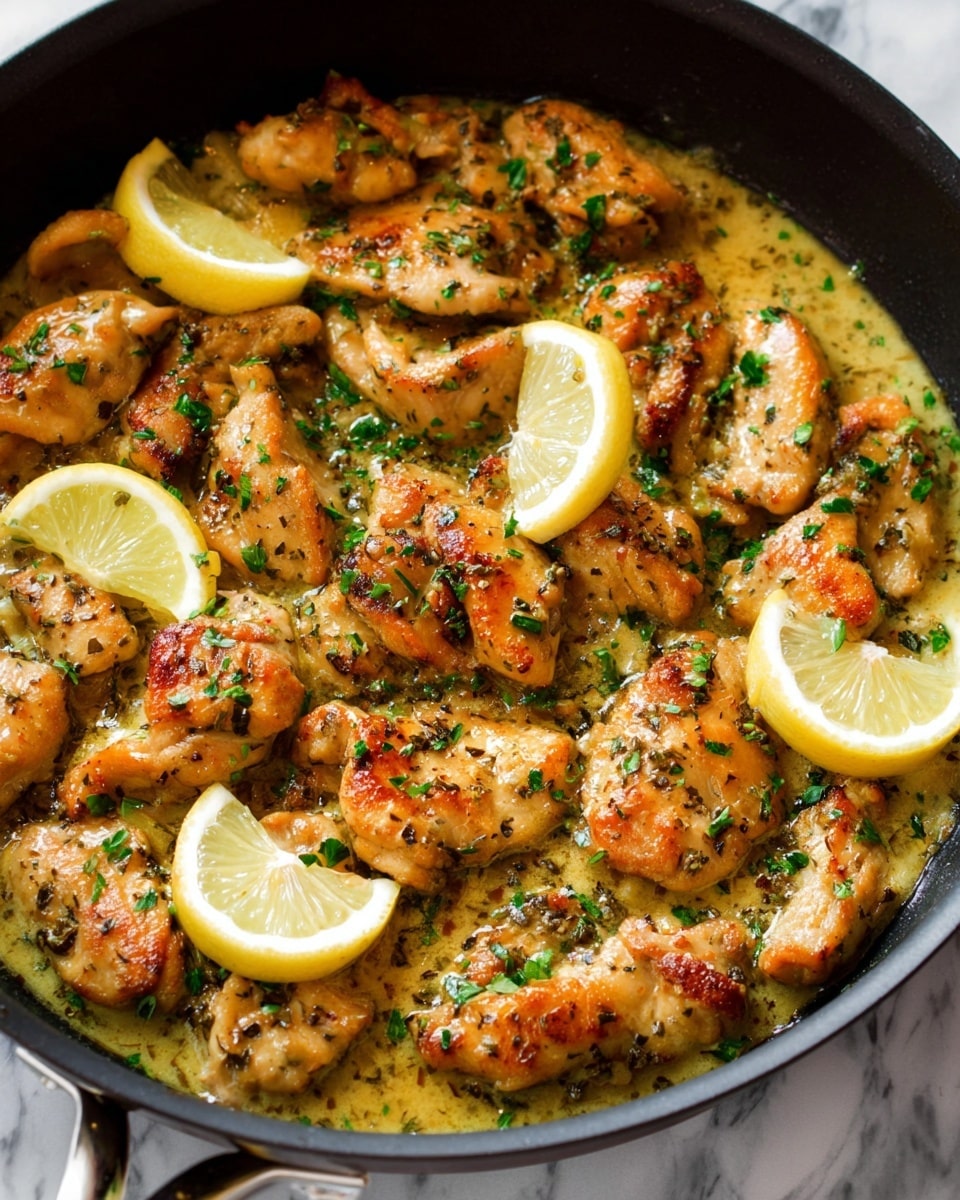 This image shows a black pan filled with several small golden-brown chicken pieces cooked in a light yellow sauce. The chicken pieces are sprinkled with chopped green herbs, giving a fresh look. Two lemon slices with bright yellow skin and pale interiors rest on the chicken at different spots. The inside of the pan is dark and contrasts with the warm colors of the chicken and sauce, while the pan handle is visible at the bottom. The background is a white marbled texture. photo taken with an iphone --ar 4:5 --v 7