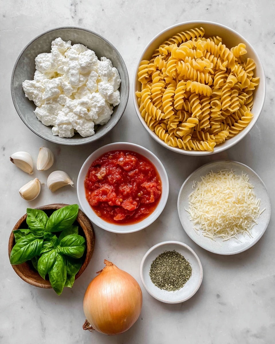 The image shows seven cooking ingredients placed on a white marbled surface. At the top right, a white bowl holds dry, yellow spiral pasta. To its left, a gray bowl is filled with white, soft cottage cheese with a lumpy texture. Below the pasta, a small white bowl contains red diced tomatoes in a sauce. To its right, a small white plate has finely grated light cream cheese. At the bottom right, a tiny white bowl holds dried green herbs. In the center bottom, a whole yellow onion with light brown skin rests on the surface. On the left side, a small wooden bowl is filled with fresh, bright green basil leaves, and two peeled garlic cloves lie beside the bowl with tomatoes. The photo is taken with an iphone --ar 4:5 --v 7