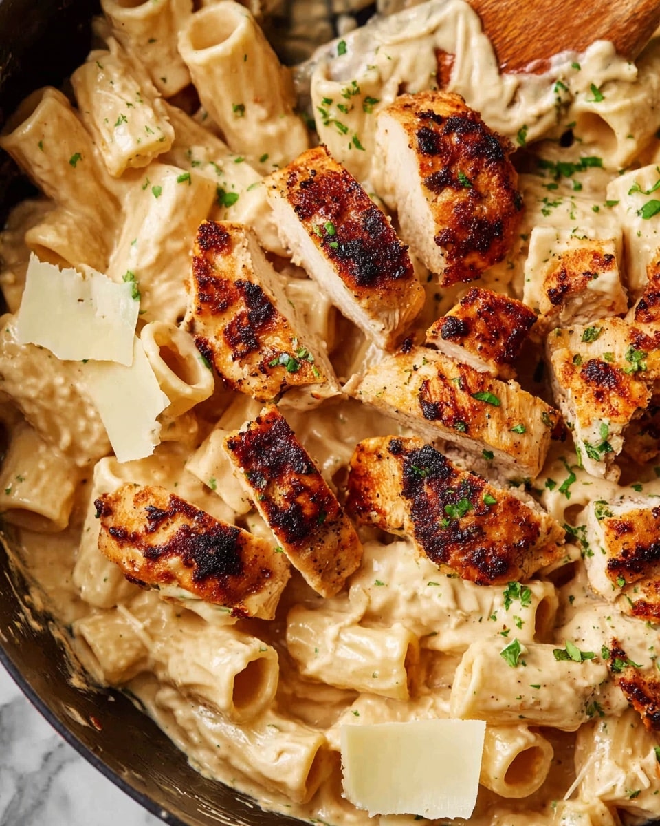 This close-up image shows a creamy pasta dish in a black skillet on a white marbled surface. The base layer is rigatoni pasta coated in a thick light beige sauce, creamy and smooth in texture. On top of the pasta, there are several slices of cooked chicken, arranged in small groups. The chicken pieces are golden brown with a slightly charred, crispy texture, and have green herb flakes sprinkled on them. Scattered around are thin shavings of pale yellow cheese adding extra texture. The whole dish looks rich, warm, and comforting. Photo taken with an iphone --ar 4:5 --v 7
