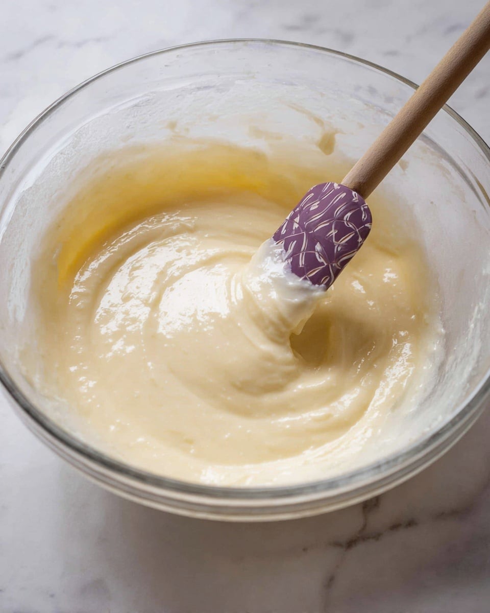 A close-up view of a glass mixing bowl filled with smooth, thick, pale yellow batter. A purple and cream patterned silicone spatula with a wooden handle is partially dipped into the batter, slightly lifting some of it, showing the creamy and glossy texture. The bowl is placed on a white marbled surface, and the batter looks well mixed, with soft swirls visible from stirring. Photo taken with an iphone --ar 4:5 --v 7