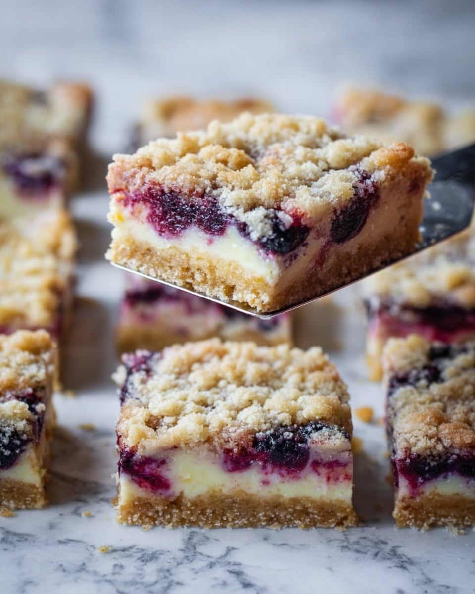 A close-up image shows a square piece of dessert with three visible layers. The bottom layer is a light golden-brown crust with a crumbly texture. The middle layer is creamy white with spots of dark purple and red fruit swirled through it. The top layer is a crumbly streusel topping, light golden in color with an uneven texture and visible fruit spots underneath. The dessert is held by a metal spatula, and other similar square pieces are arranged blurred in the background on a white marbled surface. photo taken with an iphone --ar 4:5 --v 7