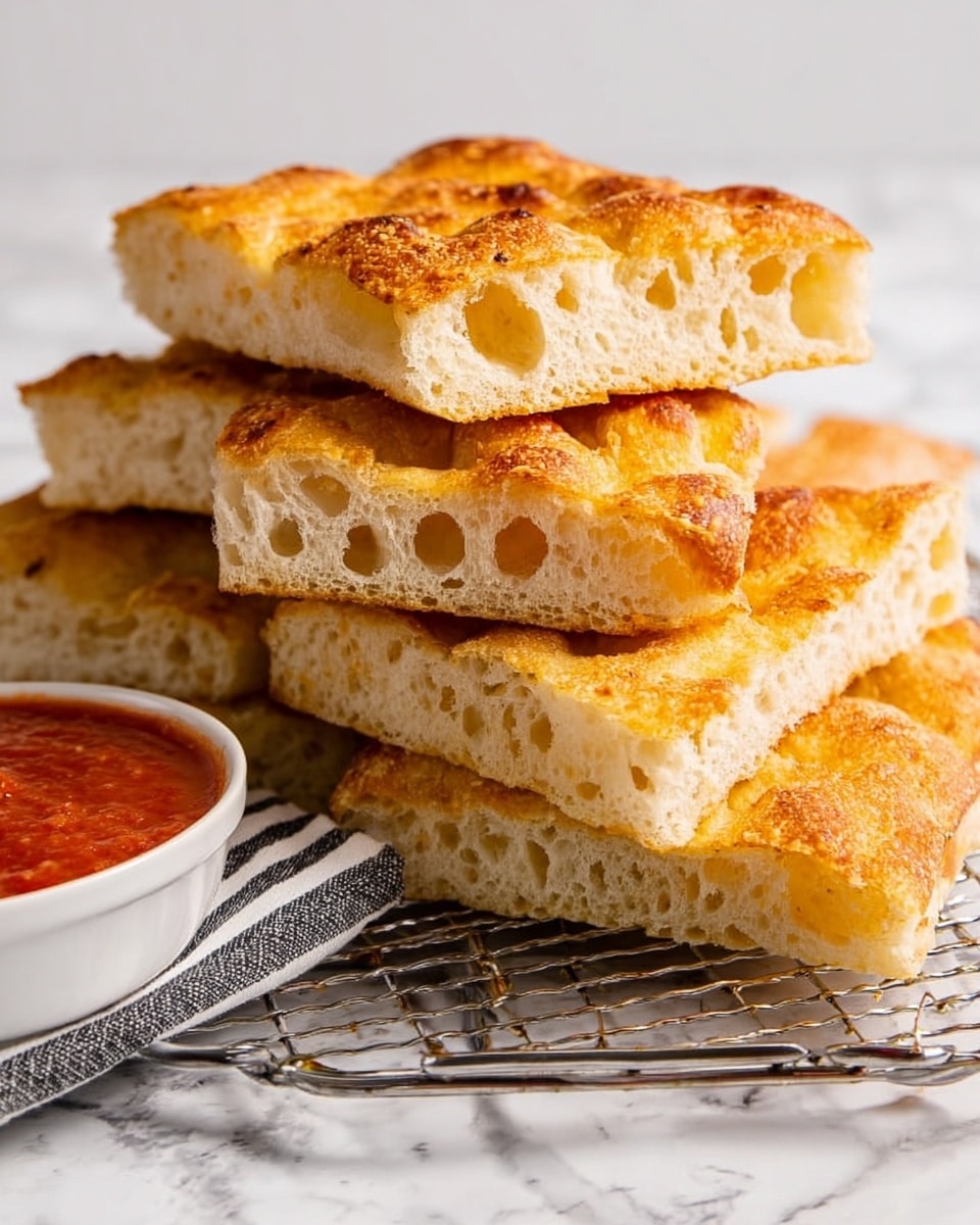 A stack of six golden brown focaccia bread pieces with a crispy crust and soft, airy inside sits on a metal cooling rack. The texture of the bread shows many small holes that make it look light. The rack is placed on a white marbled surface with a white bowl filled with red tomato sauce next to it. A black and white striped cloth peeks out from under the rack. The focus is on the bread’s warm, inviting texture and color, with a bright and clean setting. Photo taken with an iphone --ar 4:5 --v 7