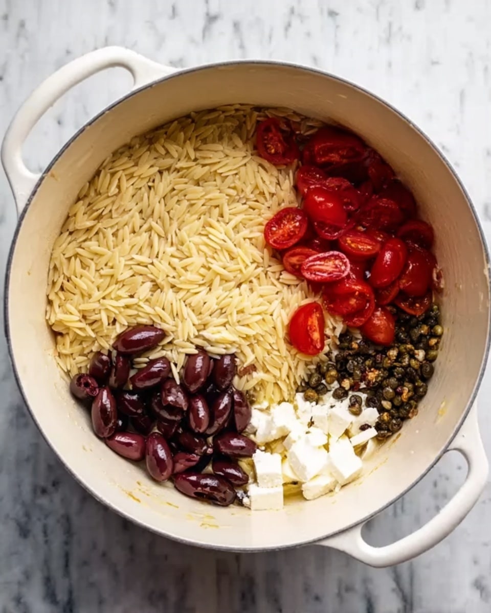 A white pot on a white marbled surface holds a mix of ingredients arranged in groups before cooking. There is a layer of dry orzo pasta covering part of the pot with a small pile of minced garlic on top near the center. Around the orzo, there are halved red cherry tomatoes on the right side, dark purple Kalamata olives just below the garlic, capers scattered on the bottom left, and a small block of white feta cheese near the bottom center. The colors are warm reds and browns from the tomatoes and orzo, deep purple from olives, greenish-gray from capers, and bright white from the feta and garlic. The textures vary from smooth pasta and cheese to the slightly rough tomato skins. Photo taken with an iphone --ar 4:5 --v 7