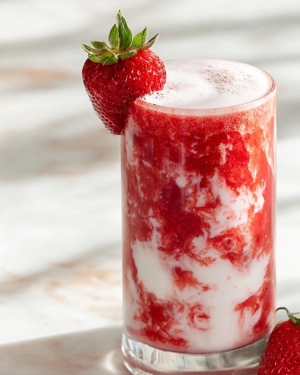 A tall clear glass filled with three main layers swirled together: a bright red strawberry puree with a slightly textured, thick look and a smooth white creamy layer mixed unevenly throughout, creating a marbled effect. The top layer is a foam-like white cream with small bubbles visible on the surface. A fresh, vibrant red strawberry with green leaves is placed on the rim of the glass. The glass sits on a white marbled surface with soft natural lighting. photo taken with an iphone --ar 4:5 --v 7