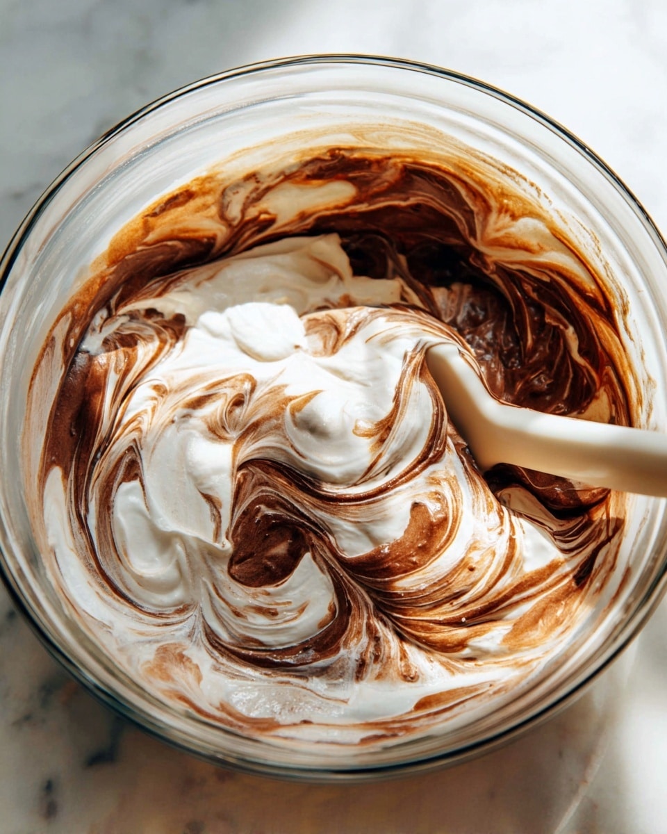 A clear glass bowl holds a mixture of two layers swirled together: a fluffy white cream and a rich brown chocolate. The colors twist in soft, thick waves creating a marbled effect, with the white cream looking light and airy while the brown chocolate adds depth with a smooth, glossy texture. A white spatula is partially visible, stirring through the mixture, blending the colors. The bowl is placed on a white marbled surface, and soft natural light brightens the scene, highlighting the contrast in the mixture's layers. Photo taken with an iphone --ar 4:5 --v 7