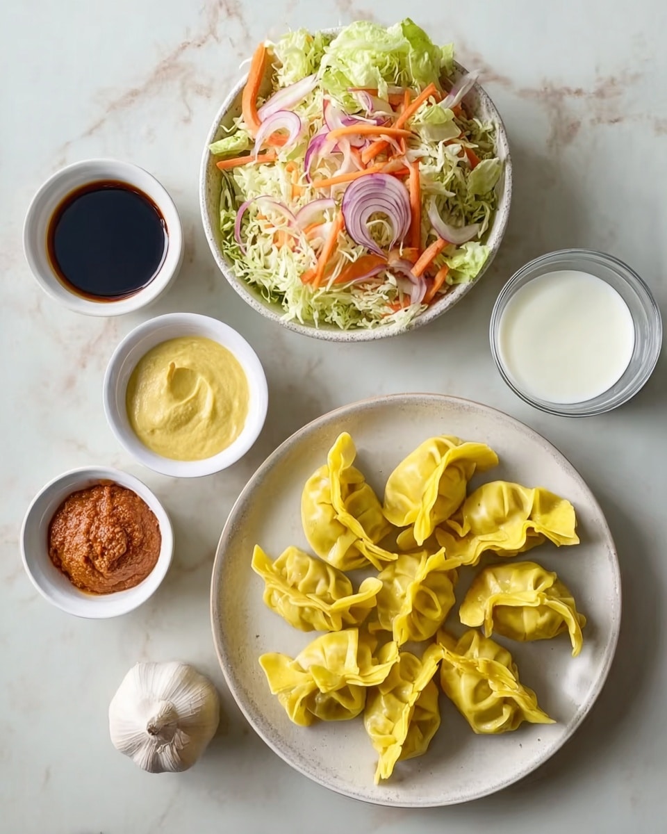 The image shows a top view of a meal arranged neatly on a white marbled surface. At the bottom center, there is a white plate with ten bright yellow dumplings that have folded edges, arranged in a circular pattern. Above and to the left, there is a bowl filled with a colorful salad containing shredded cabbage, sliced red onions, thin carrot strips, and green lettuce. Surrounding these main items are four small white bowls, each holding a different ingredient or sauce: a thick dark soy sauce, a light yellow creamy sauce, a reddish-brown paste, and a bowl of white liquid, possibly coconut milk. In the middle of the image, there is a whole bulb of garlic. The whole setting looks clean and vibrant. Photo taken with an iphone --ar 4:5 --v 7