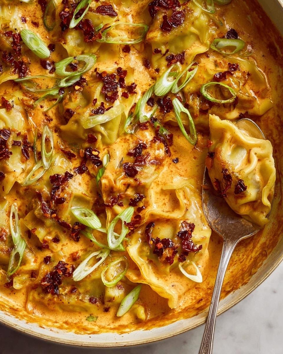 The image shows a close-up of a creamy orange sauce-filled dish with folded yellow pasta dumplings scattered throughout. The dumplings have a smooth texture with slightly browned, crispy edges. The dish is topped with bright green sliced scallions and small dark red chili flakes or bits, adding texture and color contrast. A silver spoon placed on the right side holds a dumpling partially dipped in the sauce, showing the layers of sauce and pasta. The background is a white marbled surface. photo taken with an iphone --ar 4:5 --v 7