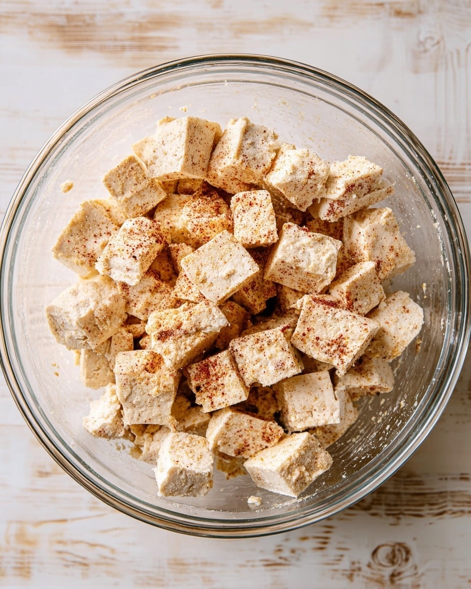 The image shows a clear glass bowl filled with medium-sized cubes of tofu. The tofu pieces are a pale cream color with light brown and reddish seasoning coating their rough surfaces, giving a speckled texture. The bowl sits on a white marbled surface. The tofu pieces are slightly uneven in size and piled loosely together inside the bowl. There is no other food or tools in the scene, just the tofu in the bowl photo taken with an iphone --ar 4:5 --v 7
